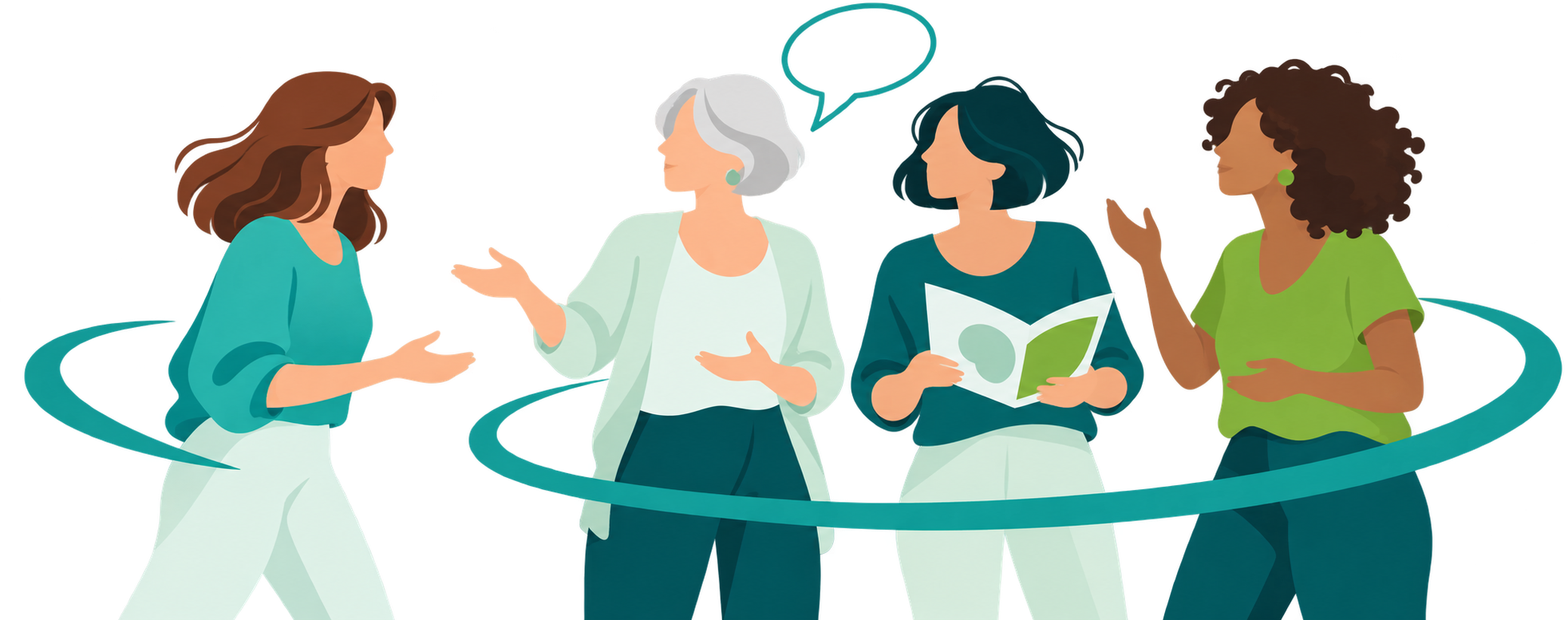 Illustration: Vier Frauen verschiedener Lebensphasen sprechen miteinander, eine hält eine Broschüre, über ihnen eine Sprechblase.