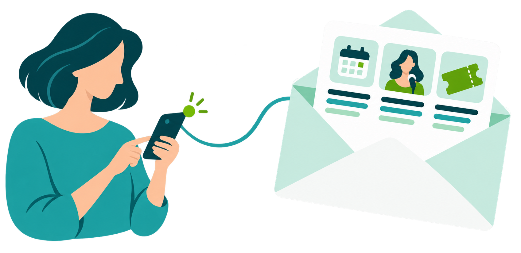 Illustration: Eine Frau hält ein Smartphone, von dem eine Nachricht in einen offenen Umschlag mit Termin, Referentin und Ticket geht.