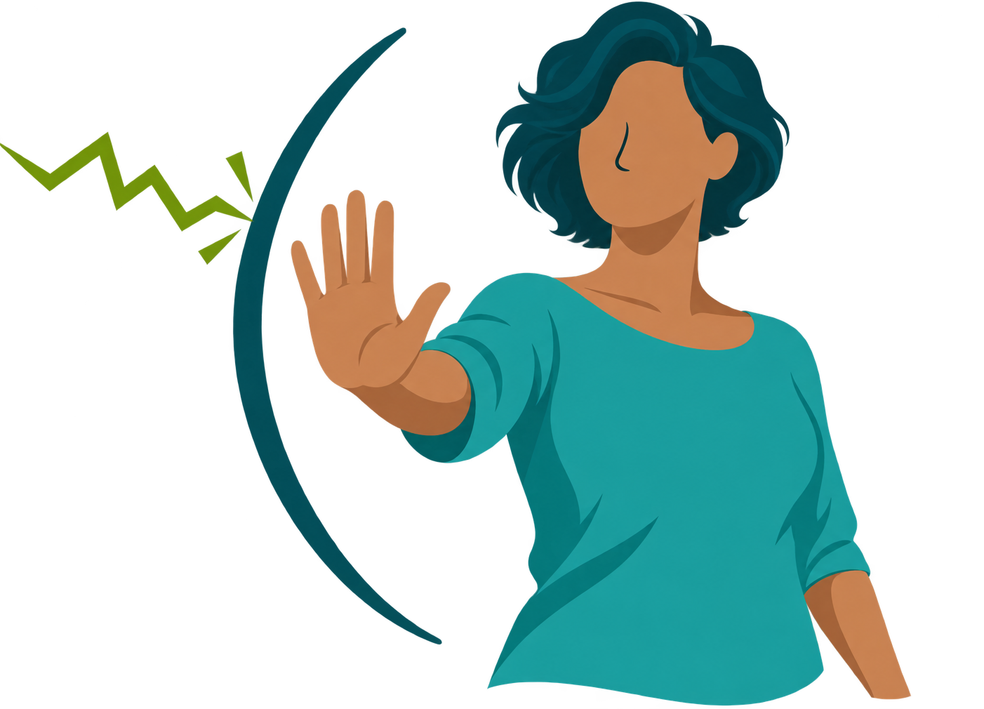 Illustration: Eine Frau hält die Handfläche wie einen Schild gegen einen grünen Blitz – klare Grenze, starke Haltung.