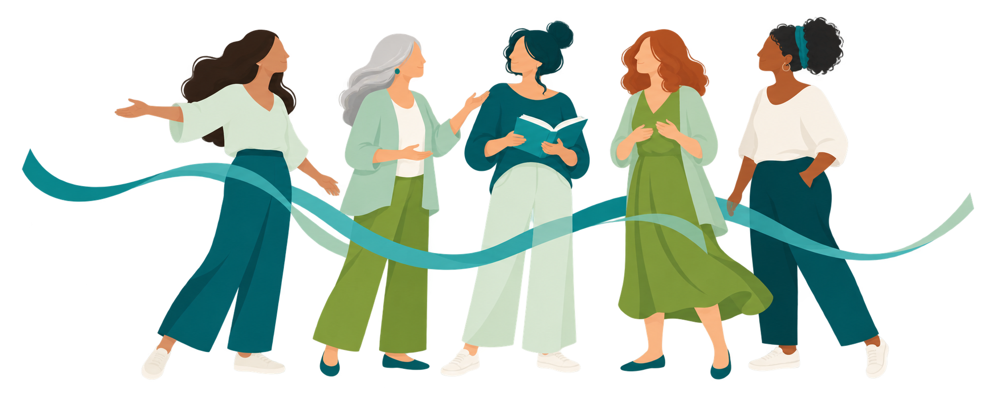 Fünf Frauen verschiedener Lebensphasen, verbunden von einem türkisfarbenen Band – gemeinsam wird Gesundheitswissen geteilt.