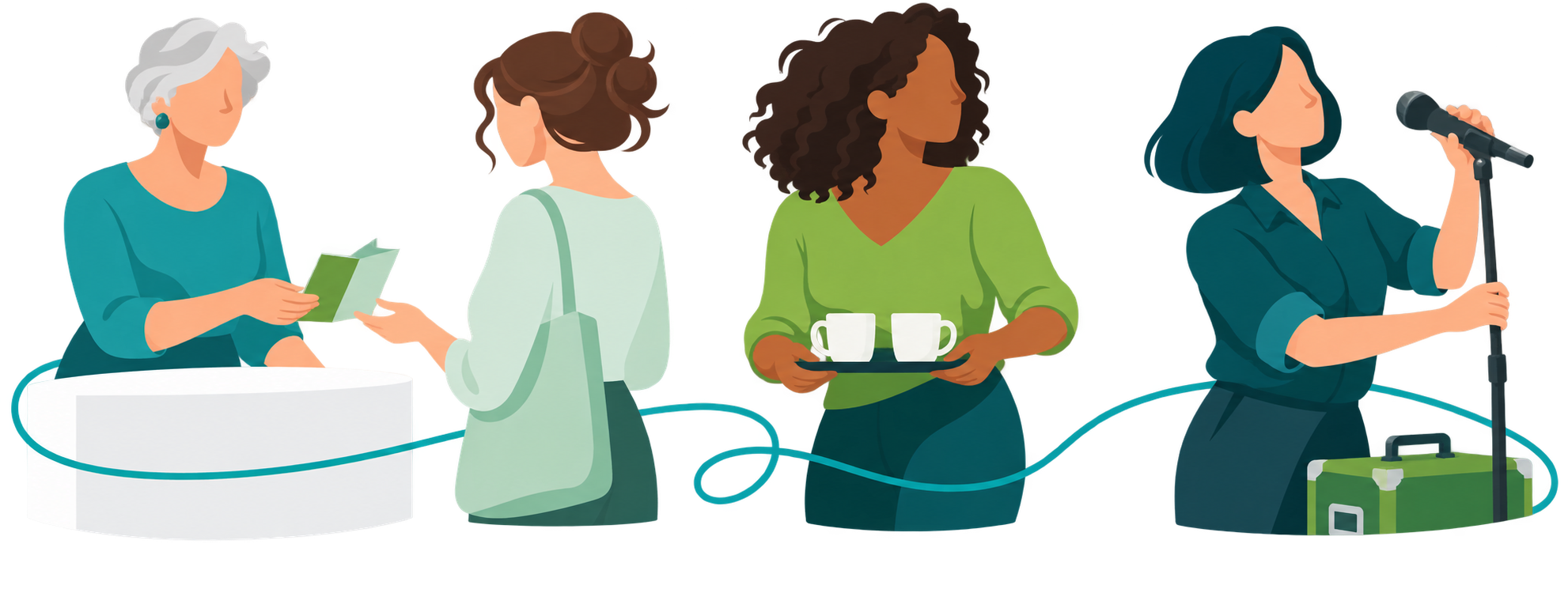 Illustration: Helferinnen beim Empfang, in der Küche und an der Technik.