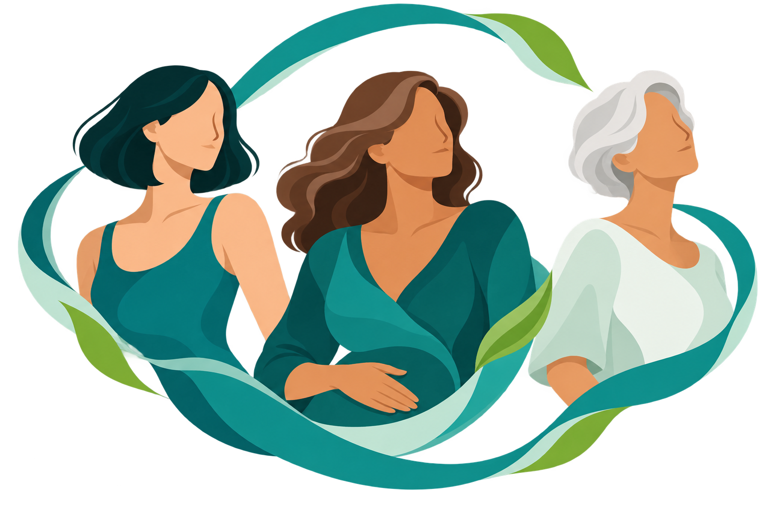 Illustration: Drei Frauen unterschiedlicher Lebensphasen – jung, schwanger und reif – von einem türkisfarbenen Band umschlungen.