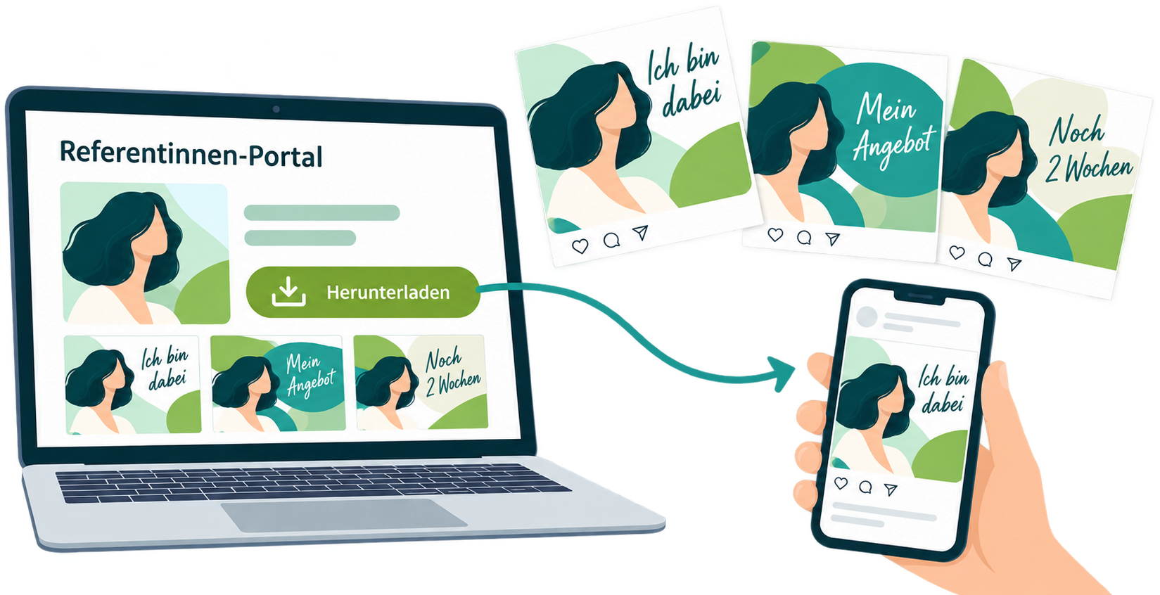 Im Referentinnen-Portal wartet dein Werbepaket: dein Foto, ein Download-Knopf und drei fertige Social-Media-Posts.