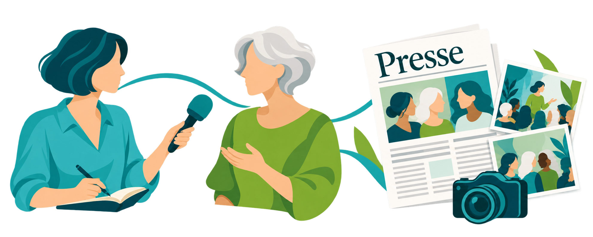 Illustration: eine Journalistin mit Mikrofon und Notizbuch spricht mit einer Frau; daneben Zeitung, zwei Fotos und eine Kamera.