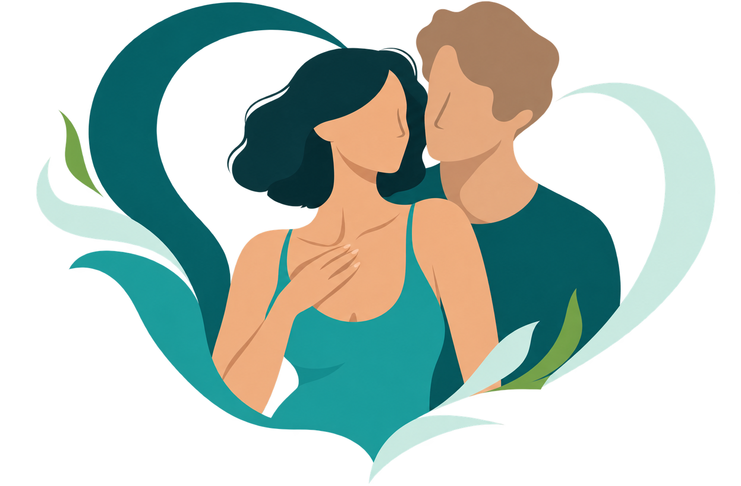 Illustration: Ein Paar in inniger Umarmung, gerahmt von einem Herz aus teal-farbenen Bändern und Blättern.