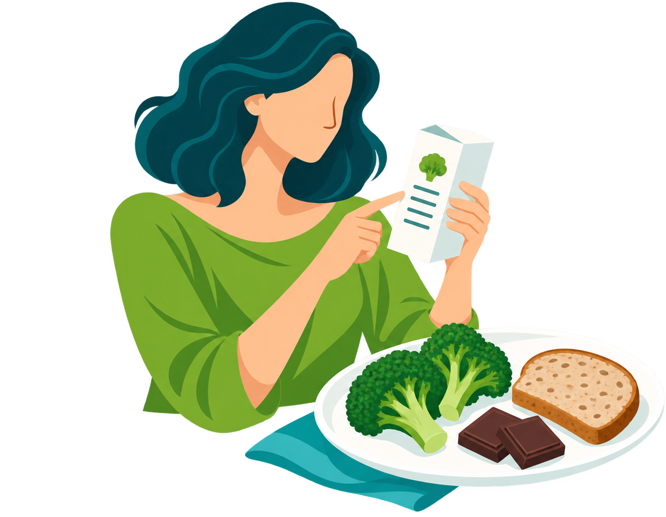 Illustration: Eine Frau liest aufmerksam die Zutaten auf einer Verpackung; daneben Teller mit Brokkoli, Schokolade und Brot.